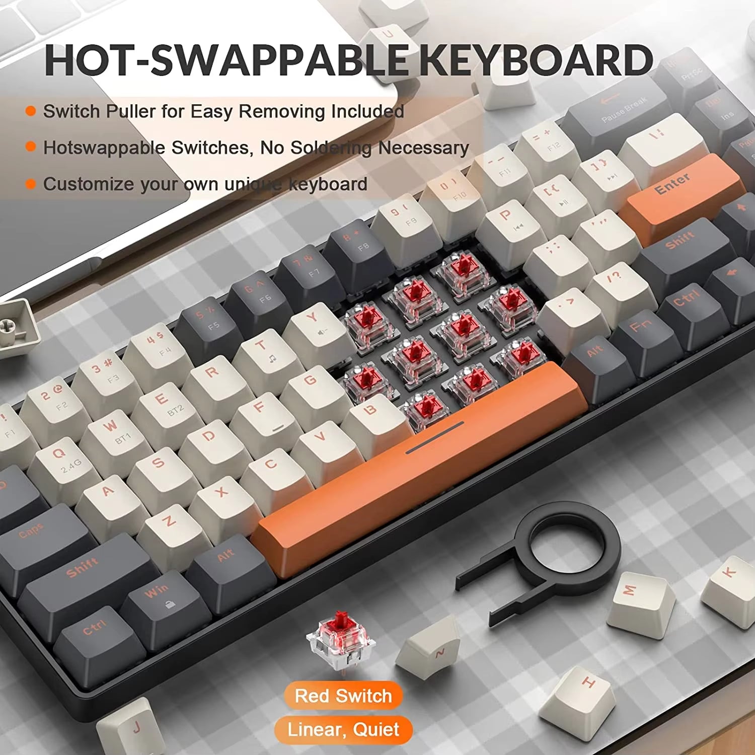 60% Wireless Mechanical Keyboard Bluetooth Dual Mode Hot-Swappable Mini 68-Key Red Switch for PC PS4 Xbox Iphone Ipad