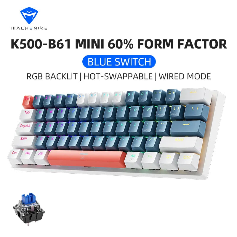 Machenike K500-B61 Mini Mechanical Keybaord 60% Form Factor 61Keys Gaming Keybaord Wired Full Key Hot-Swappable RGB Backlit