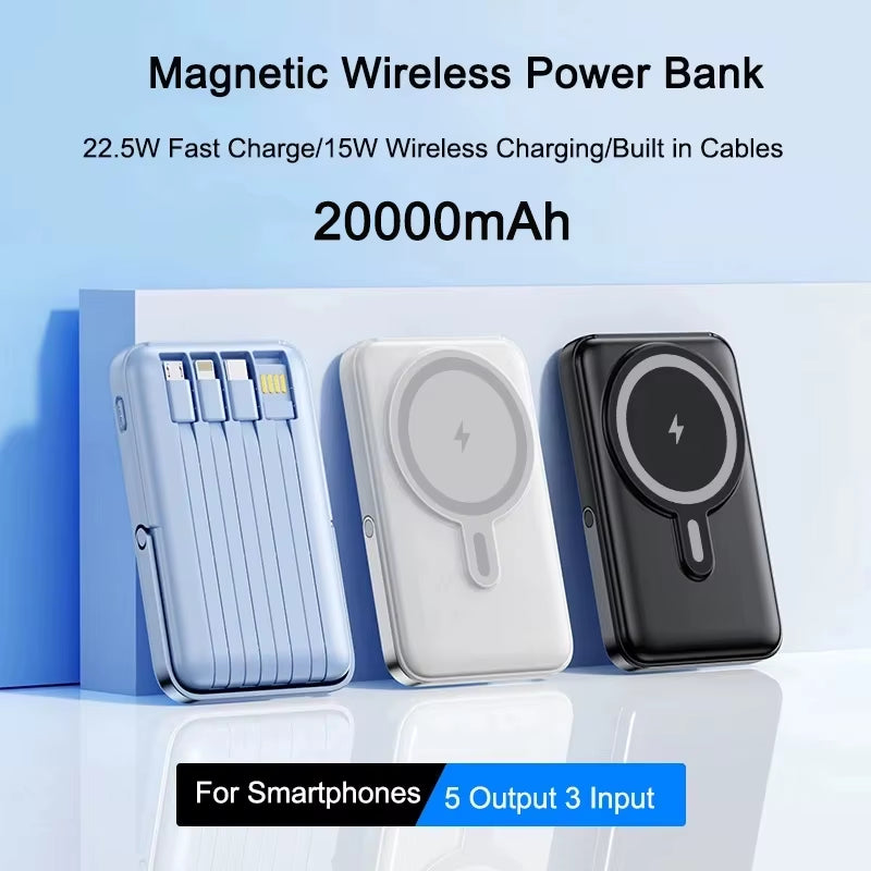 PD 22.5W Fast Charging Power Bank 20000Mah Magnetic Wireless Charger for Iphone 15 14 Samsung Xiaomi Powerbank Built USB C Cable